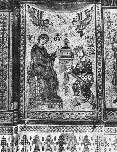 El Rey Guillermo II de Sicilia ofrece la Iglesia de Monreale a la Virgen (mosaico) de Byzantine School